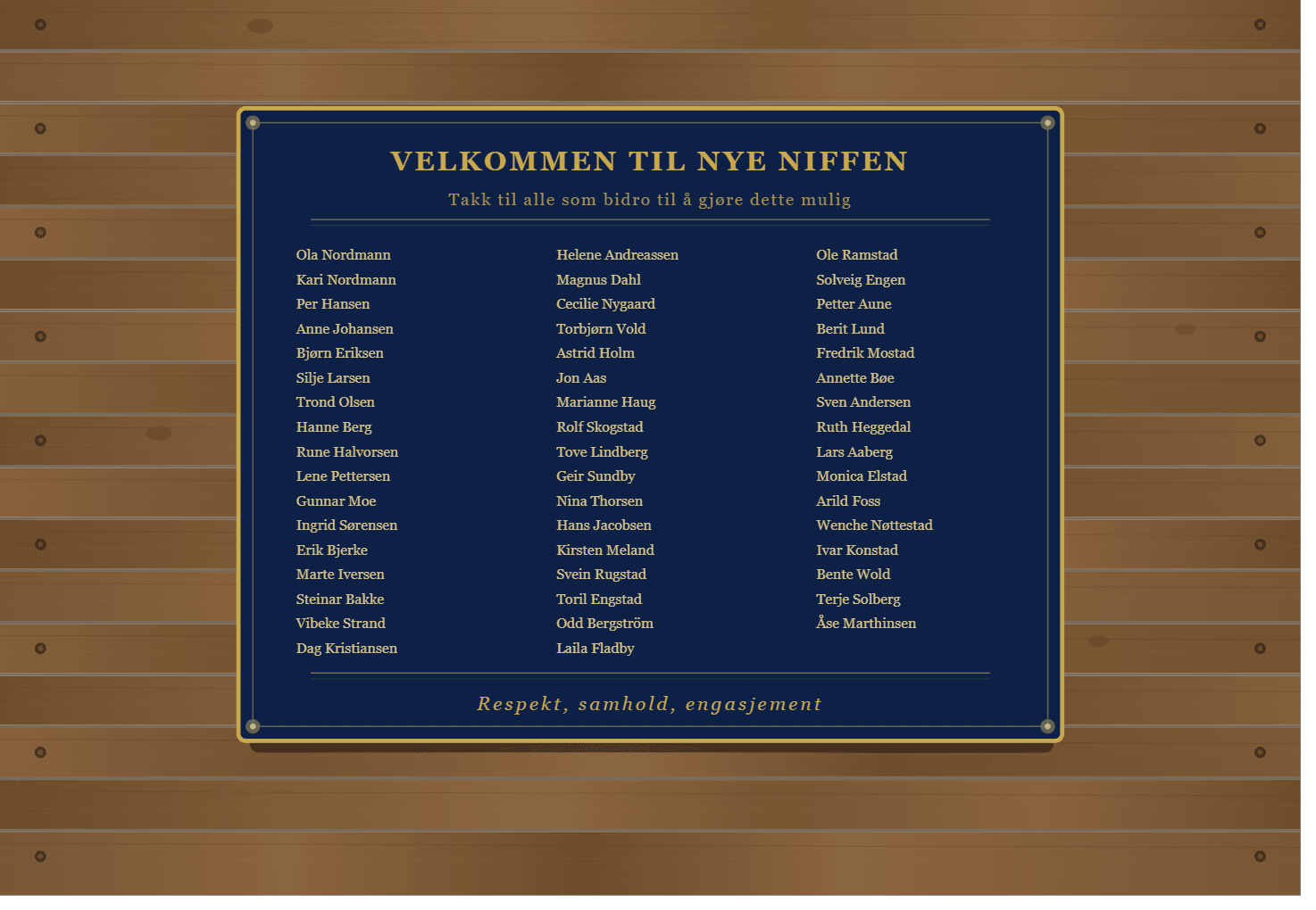 Skisse av «wall of fame»-plakett med navn på bidragsytere